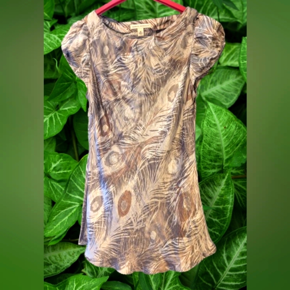 Banana Republic Silk Peacock Gold Tan Ruched Cap Sleeve Blouse Size M